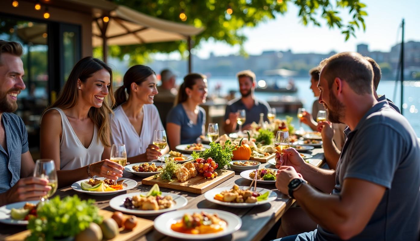 Festlig udendørs middag ved vandet